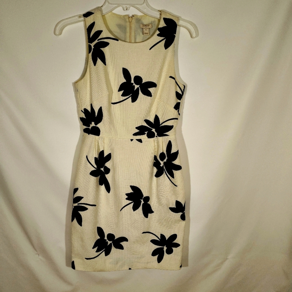 J. Crew Cream Mini Sheath Sleeveless Dress Black Floral Design Size 00 Cotton